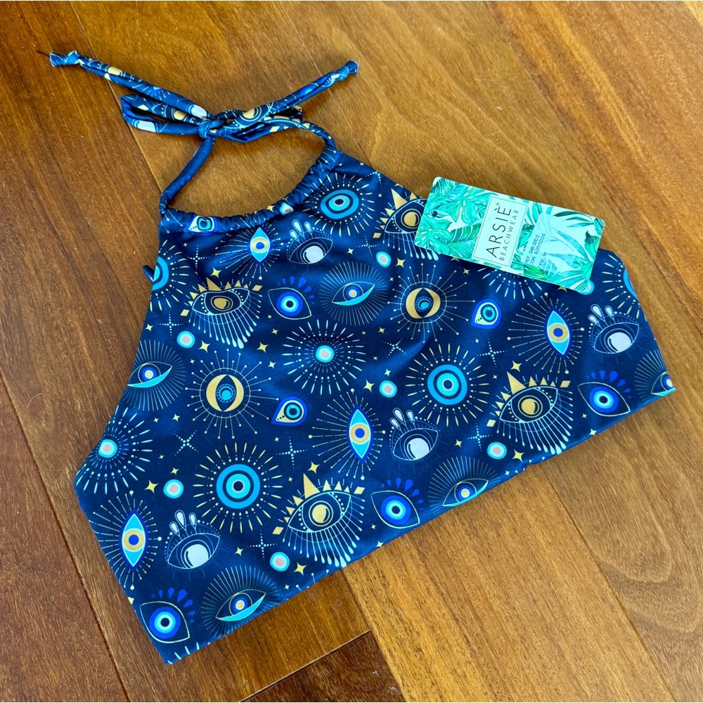 Navy Eye-Print Halter Crop Top